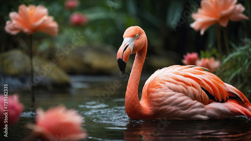 Close up of a flamingo swimming in a calm river with blooming roses in the background