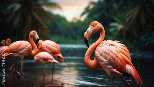 Close up photo of a flamingo in river waters with a flock of them photo