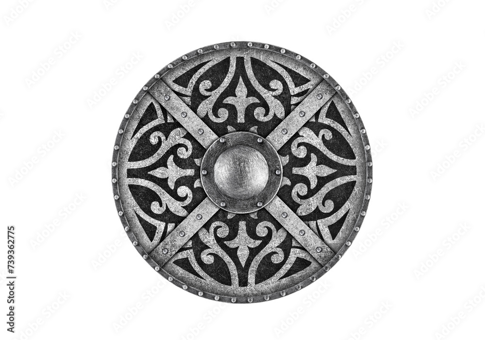 Old decorated metal round shield isolated on white background