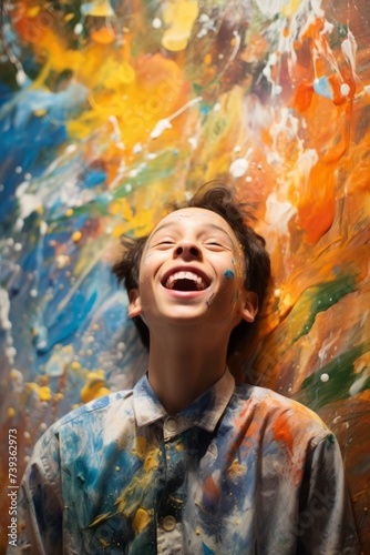 Portrait of a young boy covered in colorful paint