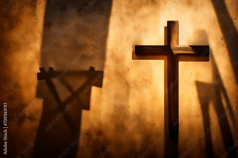 /imagine: A simple wooden cross bathed in golden sunlight, casting a gentle shadow against a rustic background, symbolizing the humble beauty of faith.