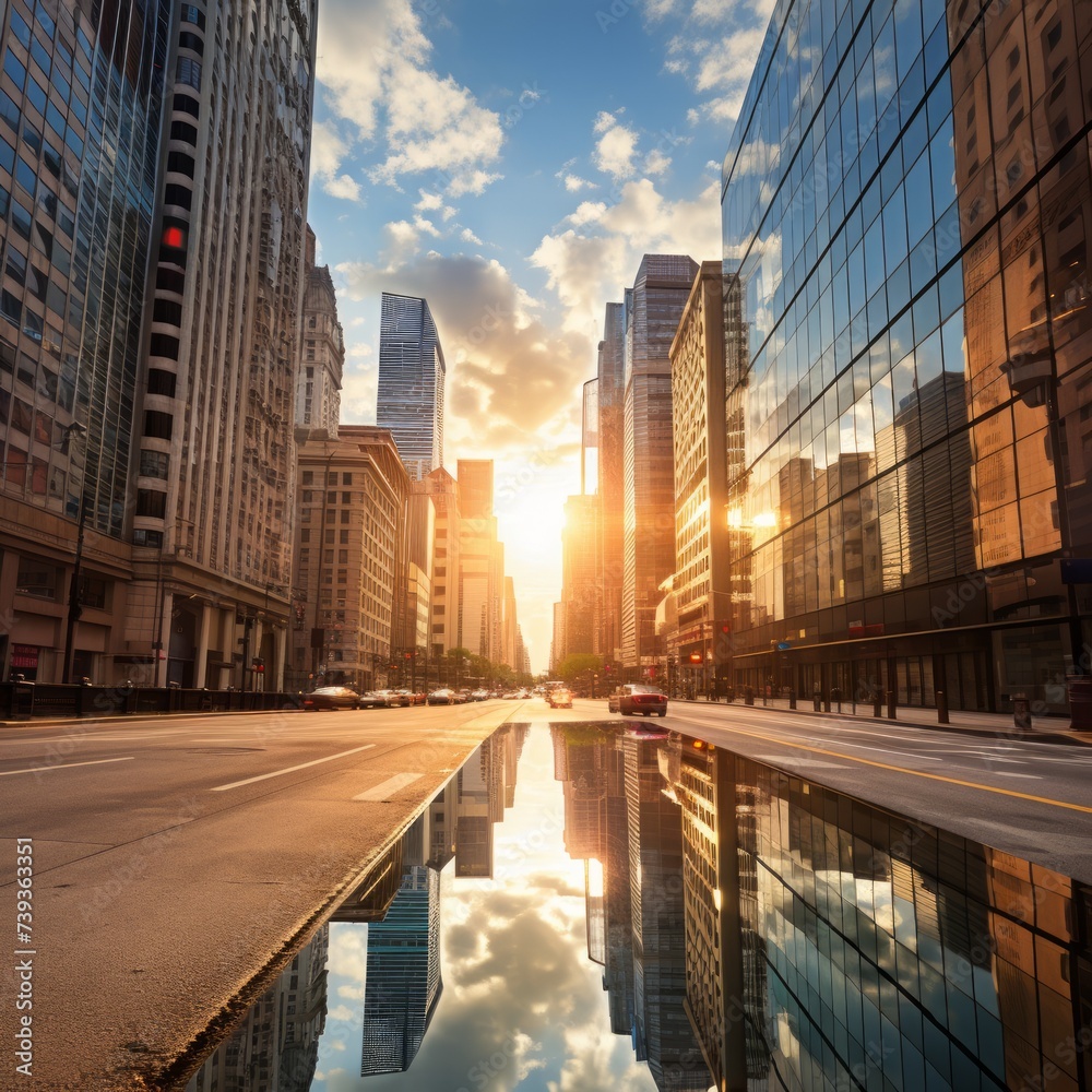 Urban Cityscape with Reflective Puddle and Clear Blue Sky