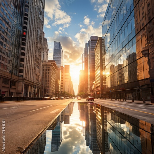 Urban Cityscape with Reflective Puddle and Clear Blue Sky