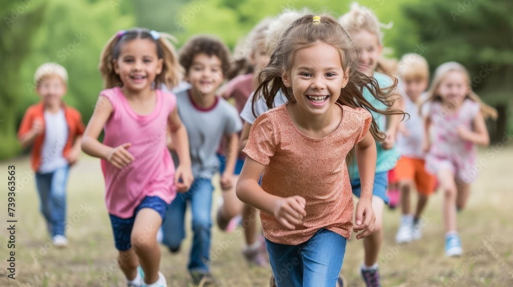 A group of happy children are running on a field