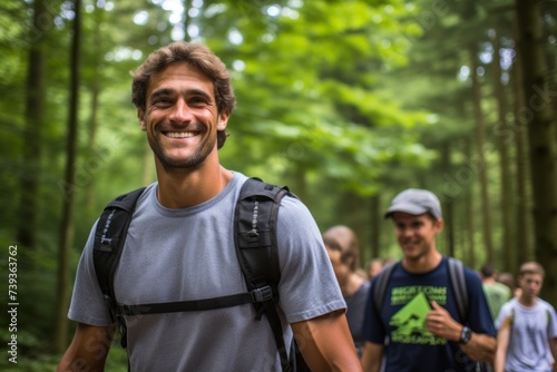 Happy man hiking in the woods with friends