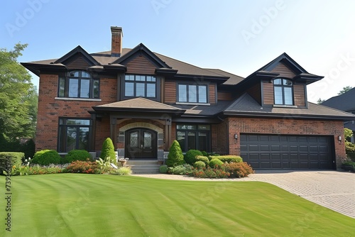 North American style two story brick house with black framed windows © Adobe Contributor