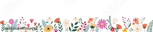 Horizontal white banner or background with beautiful colorful flowers and leaves. Spring botanical flat vector illustration on white background for wallpapers, banners, flyers, invitations, posters © Олия Низамутдинова