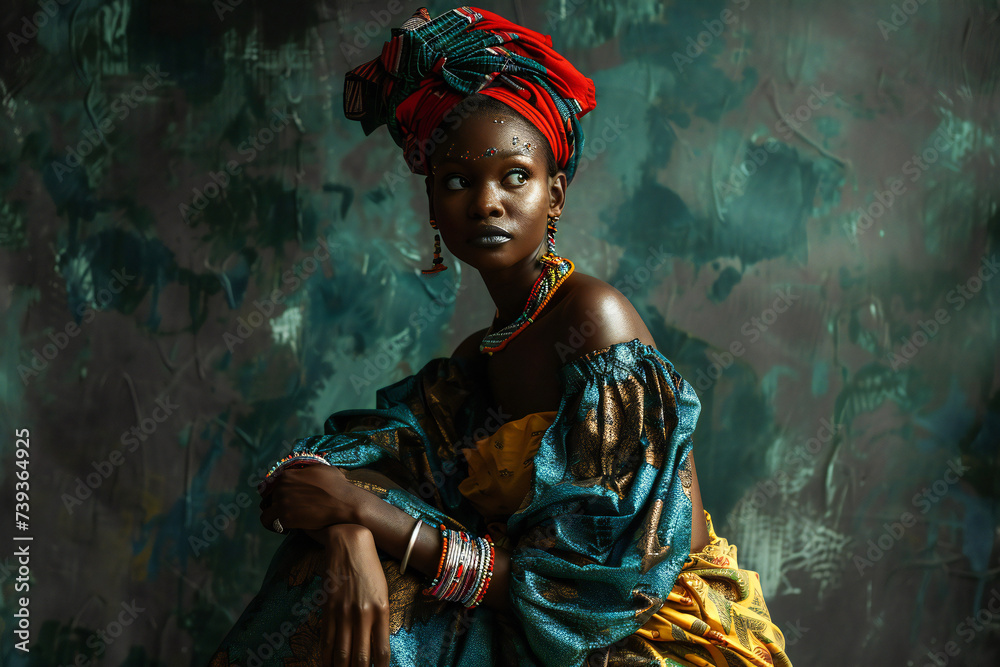 Fototapeta premium Stylish African woman wearing traditional clothing in studio
