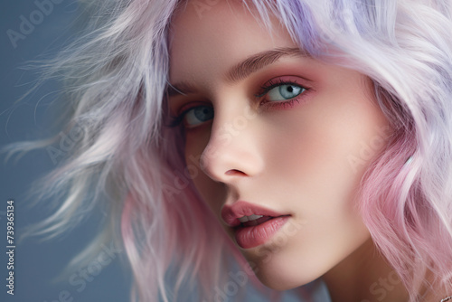 Young woman with punkish pastel white, violet and pink hair in front of studio background