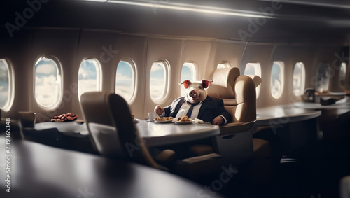 concept of super rich people, overeating obesity and wealth, pig eating on a business class plane photo