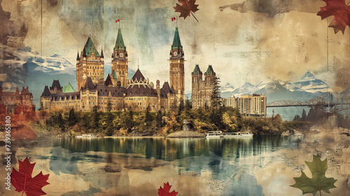 Historic Canadian landmarks and symbols, collage style, with Victoria Day greetings, celebrating Canadian heritage and monarchy photo