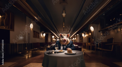 fat pig in a business suit eats at a table in a restaurant, overeating gluttony concept photo