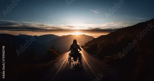 girl in a wheelchair on top of a mountain overlooking a canyon at sunset.