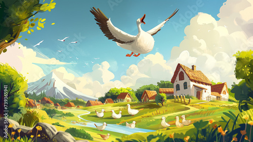 Whimsical illustration of Mother Goose flying over a storybook landscape, classic nursery rhymes characters below, celebrating Mother Goose Day photo