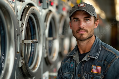 A man stands in front of a humming kitchen appliance, his face reflecting the satisfaction of freshly laundered clothes as he watches the clothes dryer spin