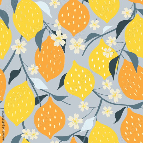 Seamless pattern lemon. Slices of citrus and leaf on color background. Vector illustration.