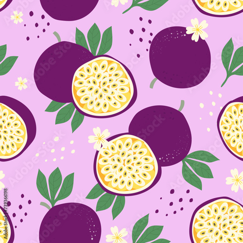 Seamless pattern passion fruit whole and slice on color background. Vector illustration.