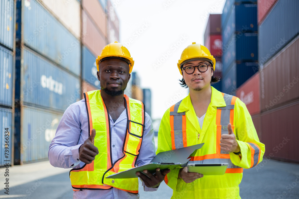 Asian and black engineers check cargo at shipping container