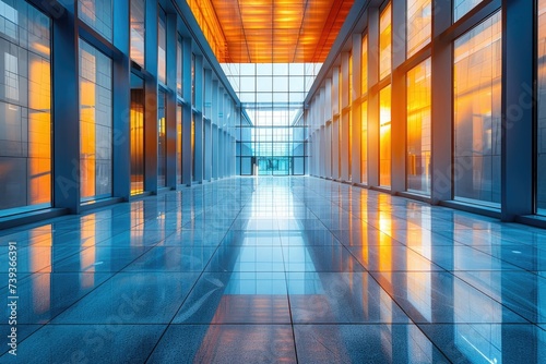 The grandiose glass hallway illuminates with natural light, reflecting the symmetrical architecture of the building and displaying a breathtaking display of indoor art