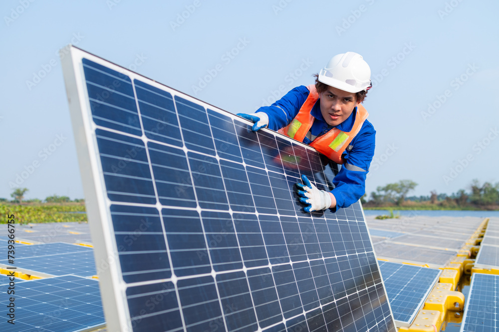 Technician Adjusting Solar Panel at Installation Site Technician Adjusting Solar Panel at Installation Site