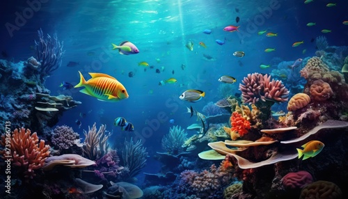 Fish in the water, coral reef, underwater life, various fish and exotic coral reefs