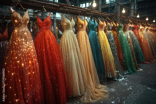 A colorful collection of dresses hangs in a clothing store, waiting to be chosen for an exciting night of swinging and seduction photo