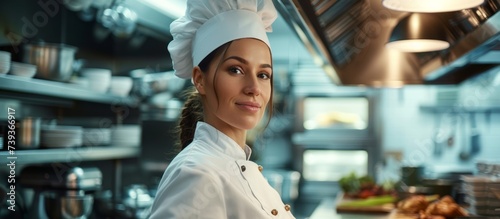 Portrait of a young woman in a white chef's uniform smiling happily in a kitchen setting