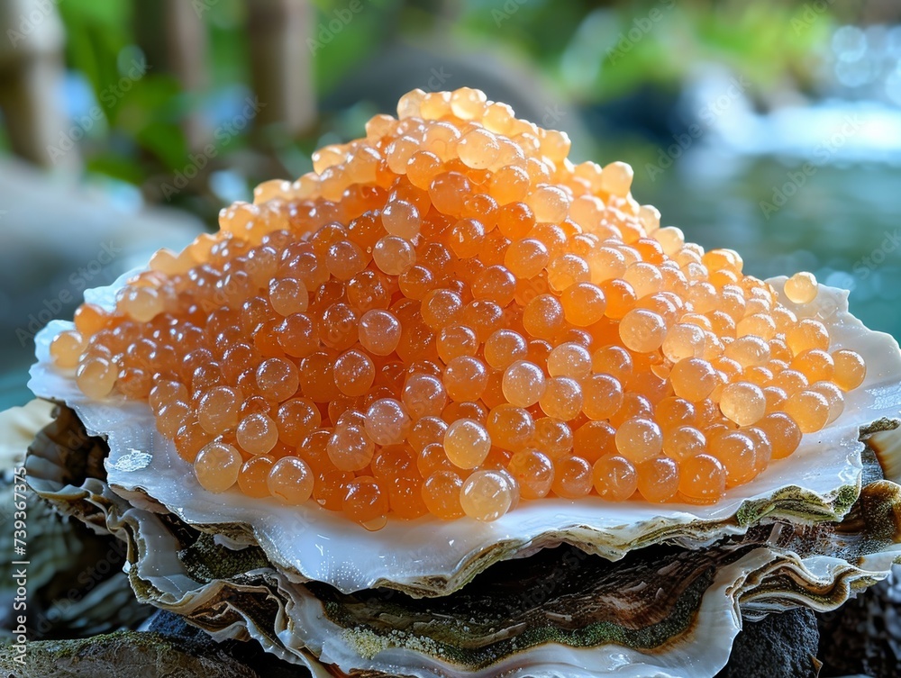 Caviar Shells Caviar spheres made of mango juice resembling precious pearls on an ...