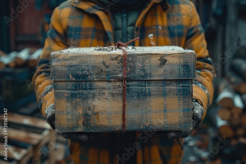 A fashionable individual walks down the bustling city street, confidently sporting a stylish jacket and shirt while carrying a box filled with their latest clothing finds photo