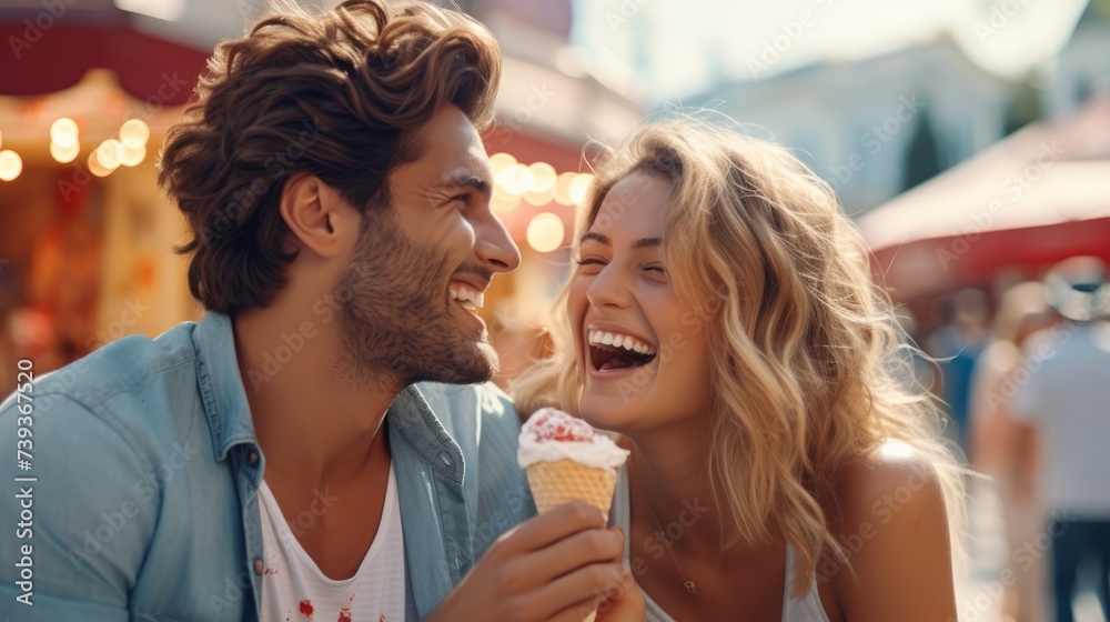 A young couple has fun and joy at an amusement park A young couple has fun and joy at an amusement park