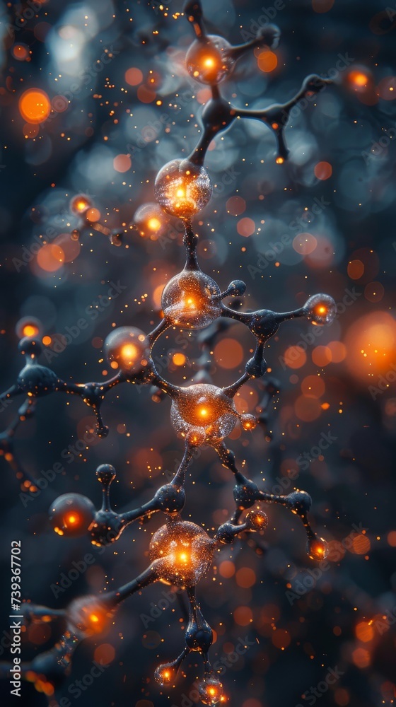 Caffeine molecule magnified to reveal a complex cityscape thriving within its bonds and structures Caffeine molecule magnified to reveal a complex cityscape thriving within its bonds and structures