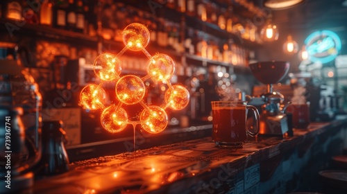 Caffeine molecule made of neon lights pulsating with energy in a dark cosmic coffee shop © AlexCaelus