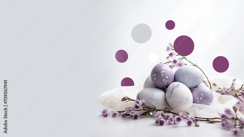 Easter eggs and spring flowers on white background with copy space.