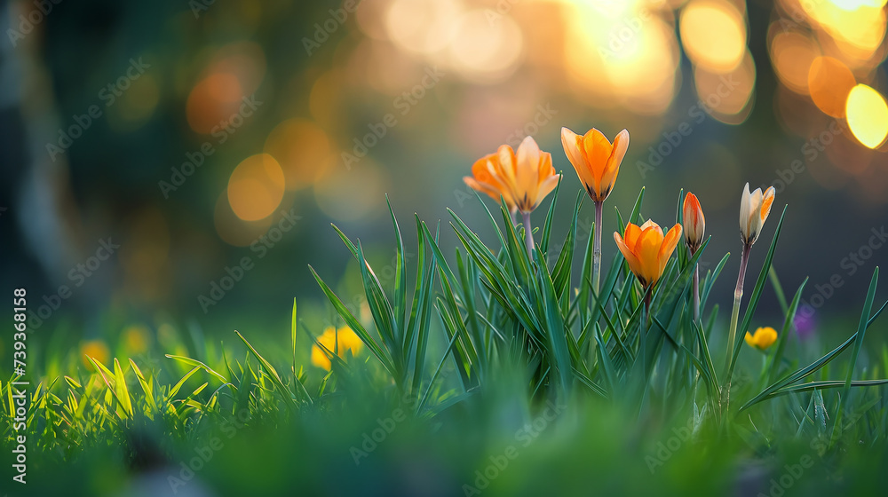 Spring background with green grass and orange et yellow flowers, copy space. Generative AI.