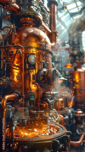 Automated alchemist mixing potions bubbling cauldrons controlled by intricate levers