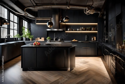 A sleek and modern  dark black kitchen exudes industrial edge and sophisticated style