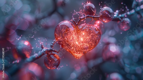 ATP molecule model in electric hues powering a tiny mechanical heart that beats in sync with the molecular energy conversion photo
