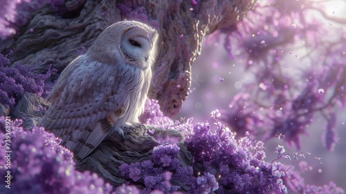 An amethyst geode under a sunlit ancient tree where a wise old owl perches its feathers taking on the geodes mystical purple light