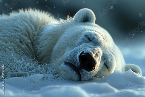 A majestic polar bear peacefully slumbers in the serene arctic landscape, its furry snout buried in the soft, powdery snow