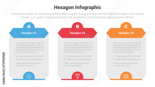 hexagon or hexagonal honeycombs shape infographics template diagram with big table and half circle badge header with 3 point step creative design for slide presentation