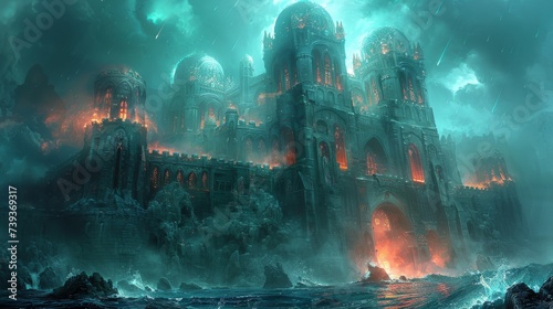 Abyssal Keep submerged beneath a luminescent sea guarded by merfolk and coral sentinels