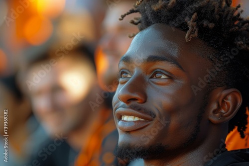 Close-up of a smiling young man with dark skin and curly hair, enjoying a moment of happiness in a warm, sunny outdoor setting. Concept of joy, positivity, and youth. 