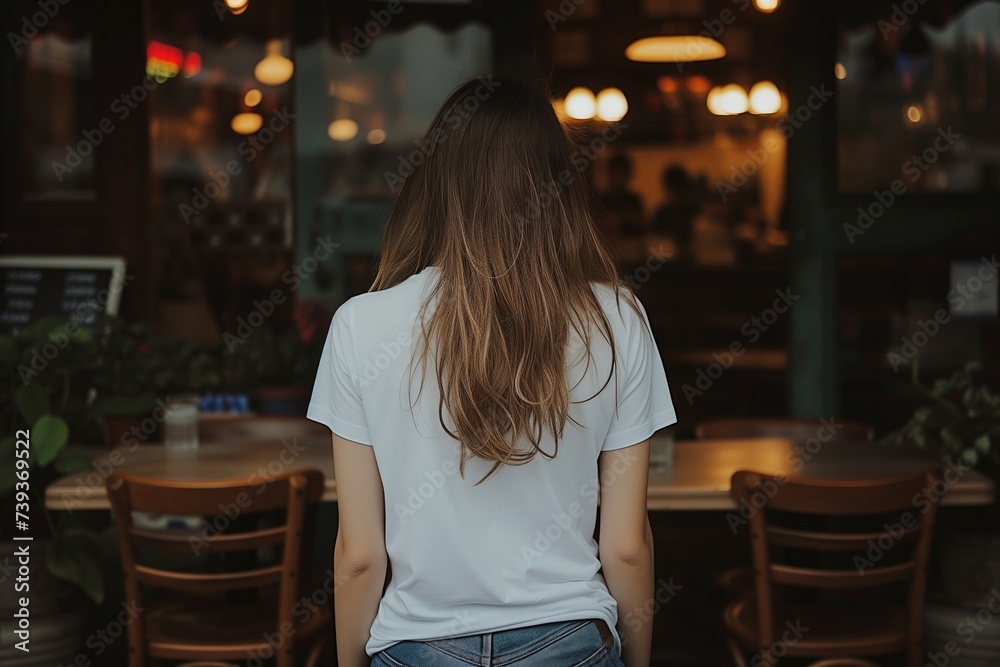Rear view of a pensive woman in a casual white t-shirt, sitting alone in a cozy urban cafe adorned with warm string lights. Rear view of a pensive woman in a casual white t-shirt, sitting alone in a cozy urban cafe adorned with warm string lights.