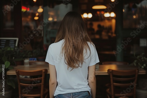Rear view of a pensive woman in a casual white t-shirt, sitting alone in a cozy urban cafe adorned with warm string lights.