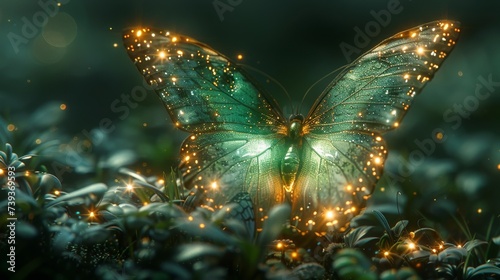 A nocturnal butterfly alighting on a glowing emerald its wings absorbing and reflecting the green light in the darkness © AlexCaelus