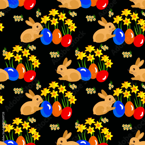 Vector - easter bunnies, eggs andflowers seamless pattern. photo