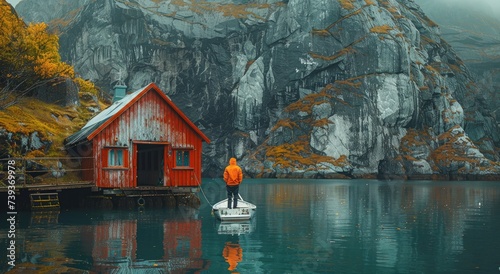 A lone man finds solace in the serene beauty of nature as he drifts on the calm waters of the lake, surrounded by vibrant autumn trees and a striking red boathouse in the distance