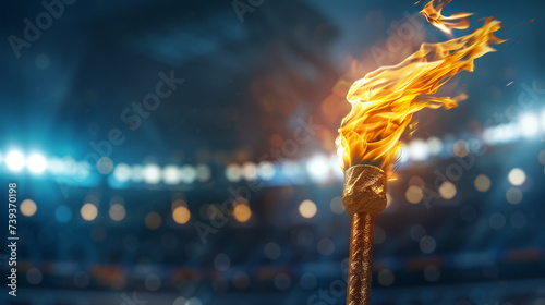Blazing flame in olympic torch against blurred sports arena with copyspace for text placement  photo
