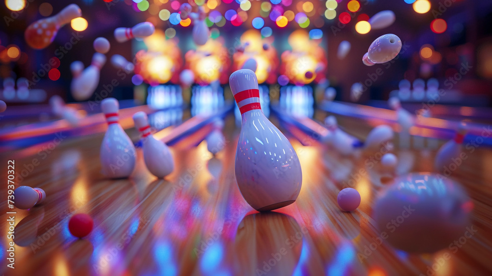 Bowling Brilliance: Pins Toppling in Action  - obrazy, fototapety, plakaty 