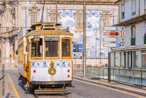 Tram and tiles on the buildings of Porto, Portugal